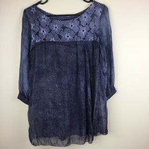 Amanti Blue Blouse Silk Floral Lined Top Small